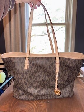 Michael Kors Brown MK Signature Tote with Beige Trim and Gold Charm